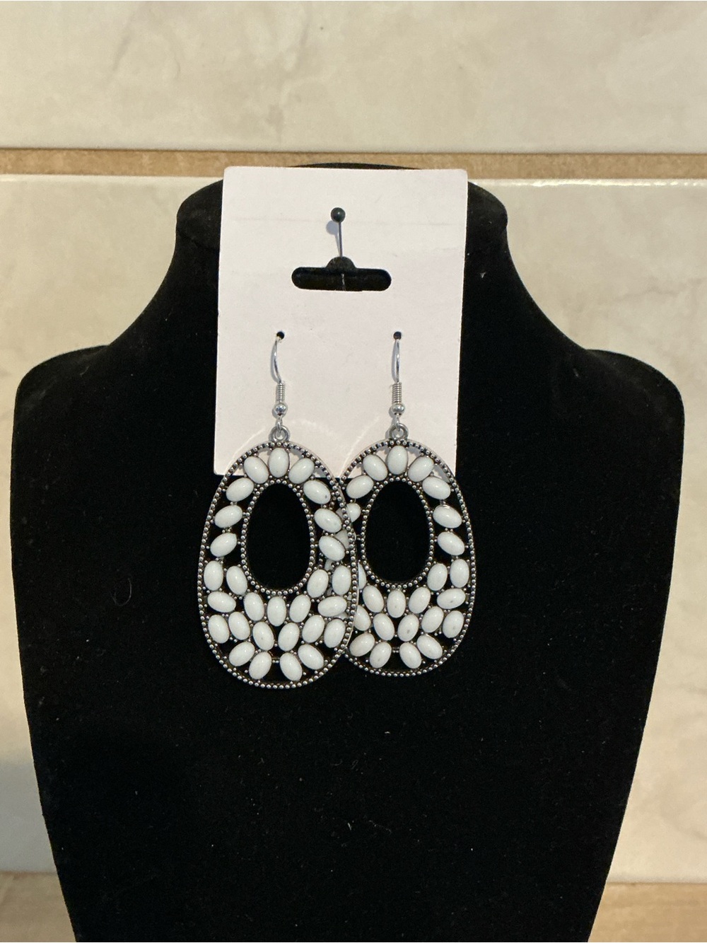 Paparazzi White Oval Bead Openwork Drop Earrings